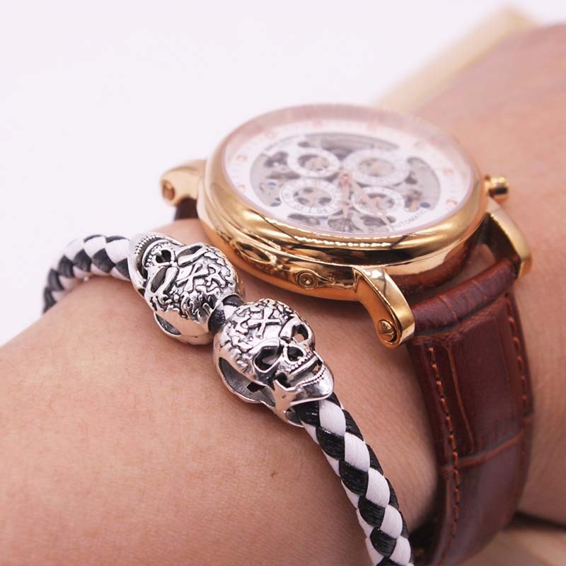 2017 Hot Selling Fashion Braided Leather Bracelets Gold Skull Bracelet Punk Wrap Bracelet Women Men 2017 Hot Selling Fashion Braided Leather Bracelets Gold Skull Bracelet Punk Wrap Bracelet Women Men