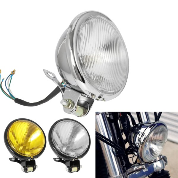 Universal Round Motorcycle Headlight – Chrome/Black, Clear/Yellow Lens