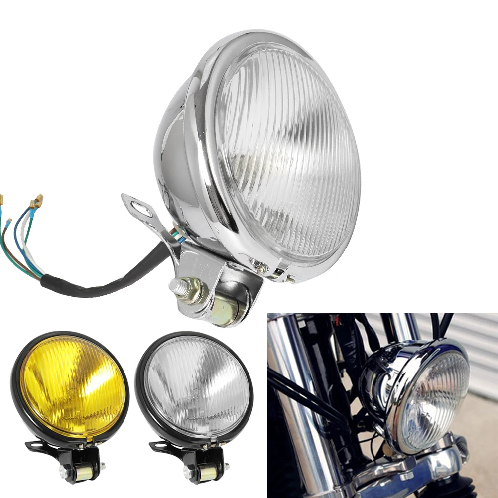 Universal Round Motorcycle Headlight – Chrome/Black, Clear/Yellow Lens