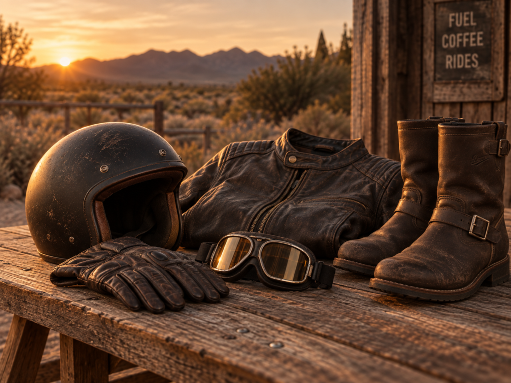 Motorcycle rider helmet, jacket, gloves and boots
